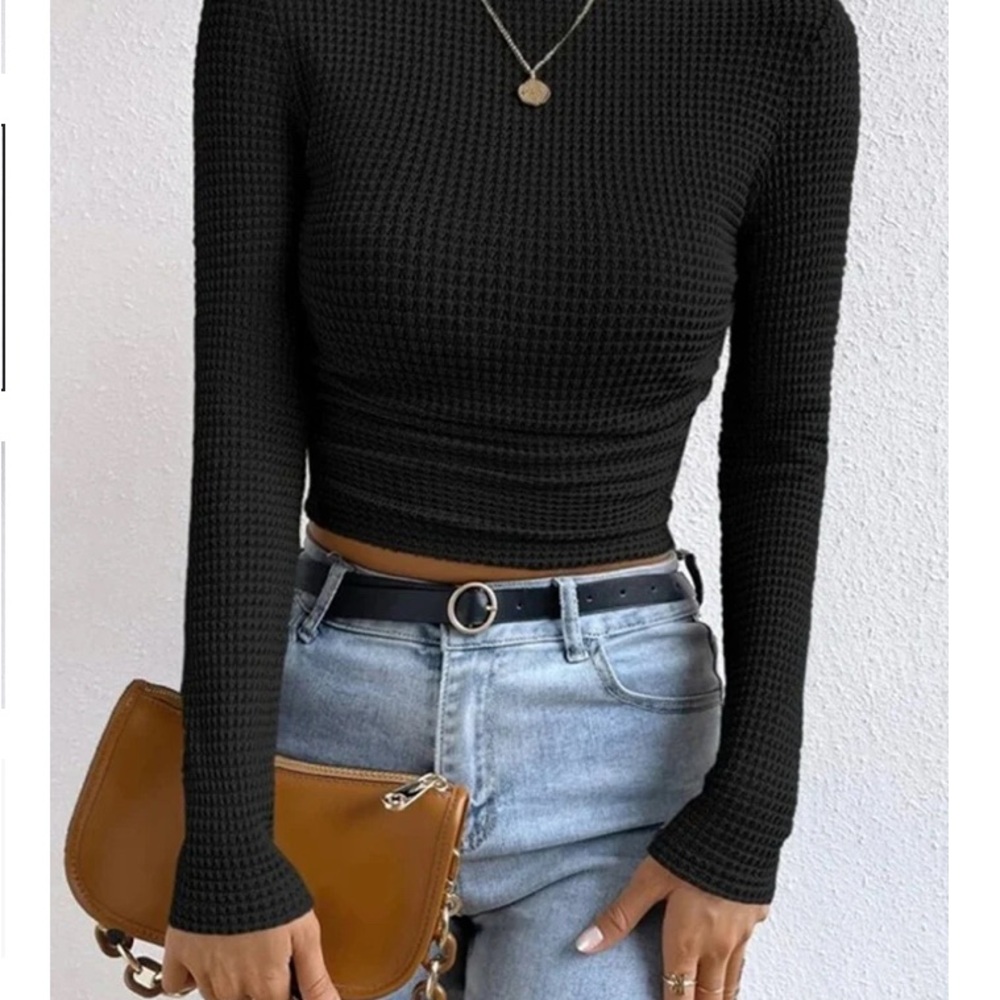 Black Long Sleeve Waffle Knit Top